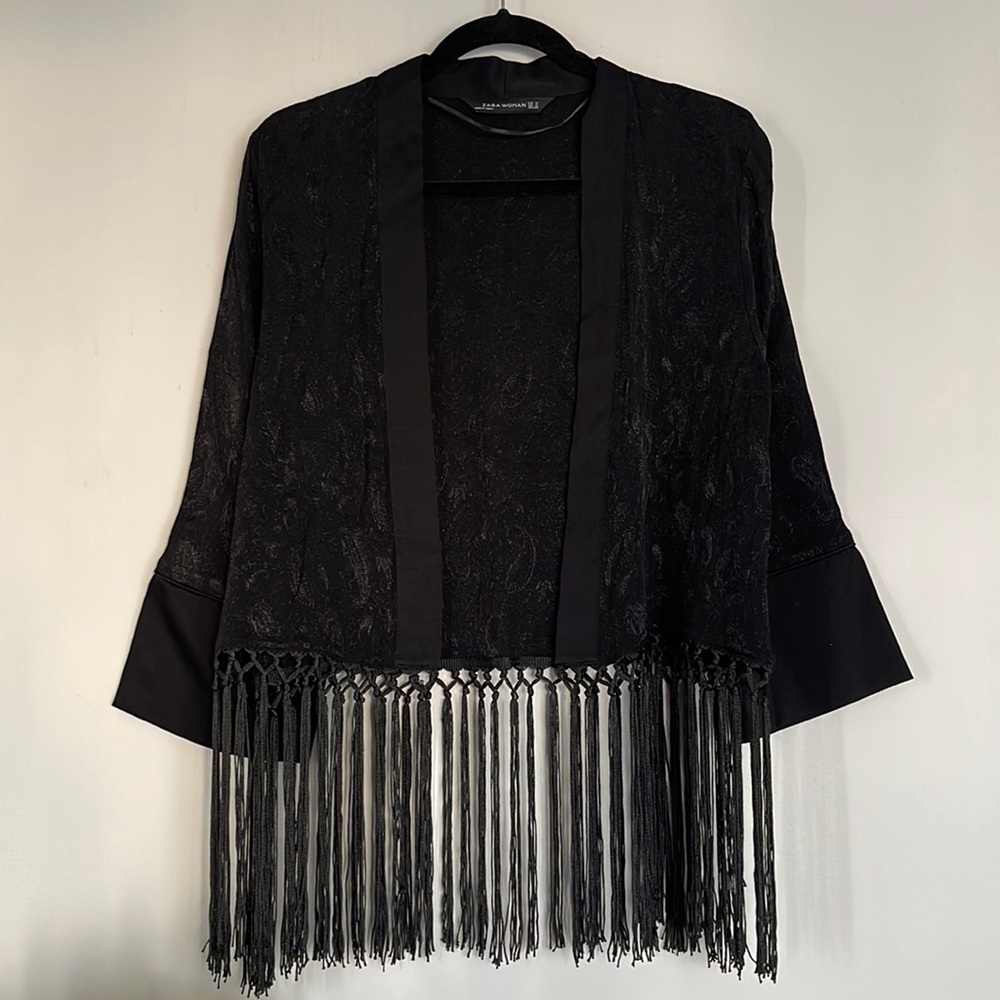 ZARA Woman Black Paisley Kimono Style Fringe Tassel Hem Cardigan Sz M